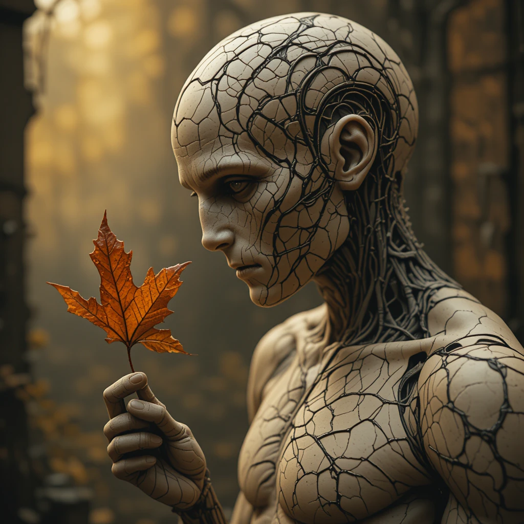 Androide malinconico che osserva una singola foglia d’autunno appassita