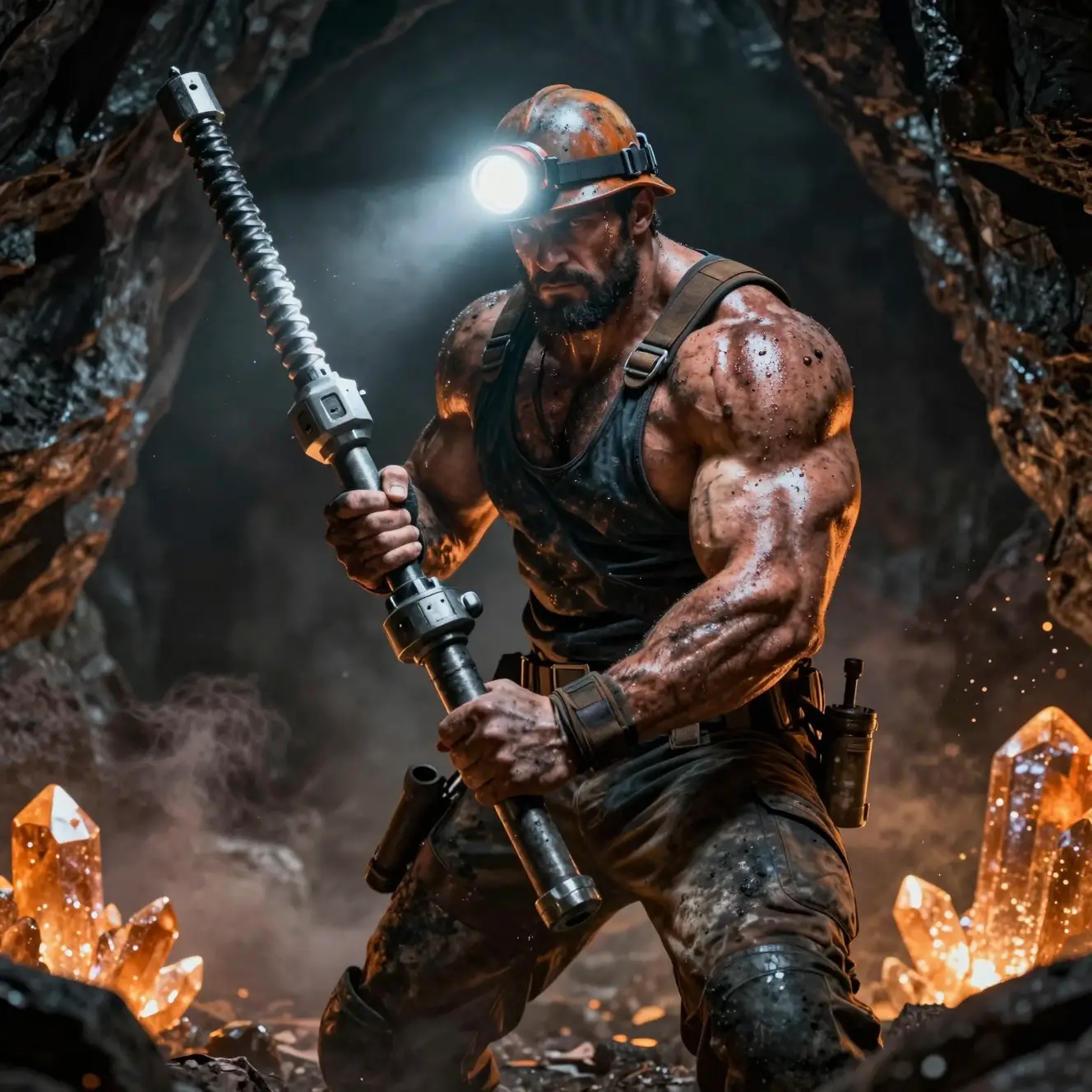 Robuster Minenarbeiter mit Bohrer in leuchtender Kristallhöhle