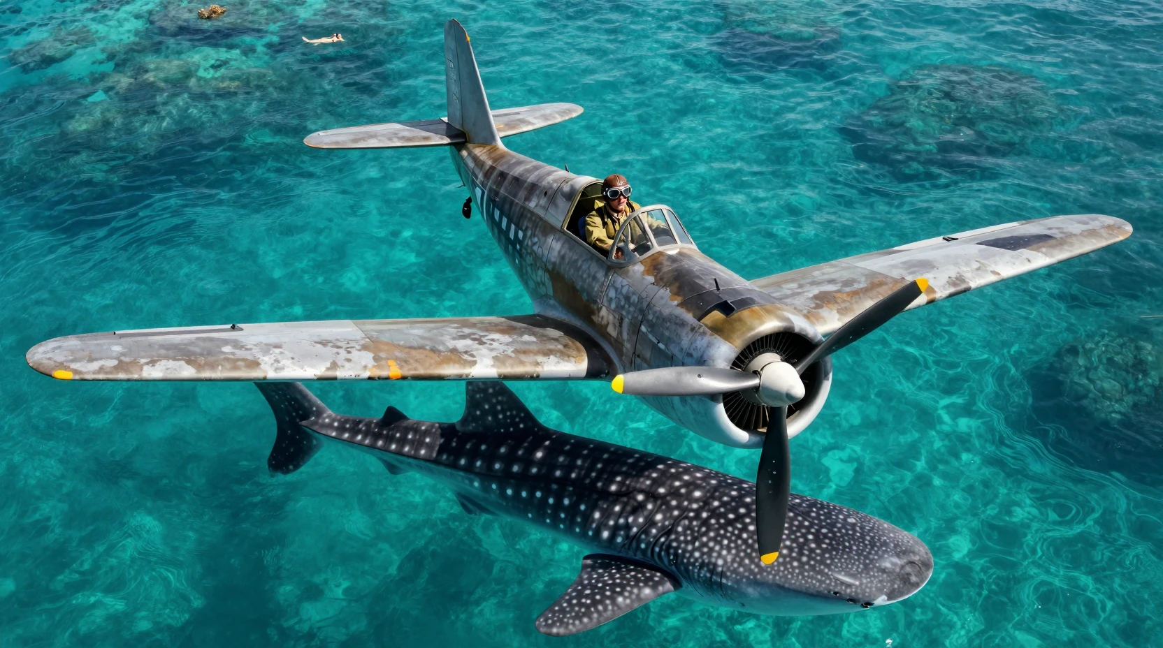 Jagdflugzeug aus dem Zweiten Weltkrieg über klarem türkisfarbenem Ozean