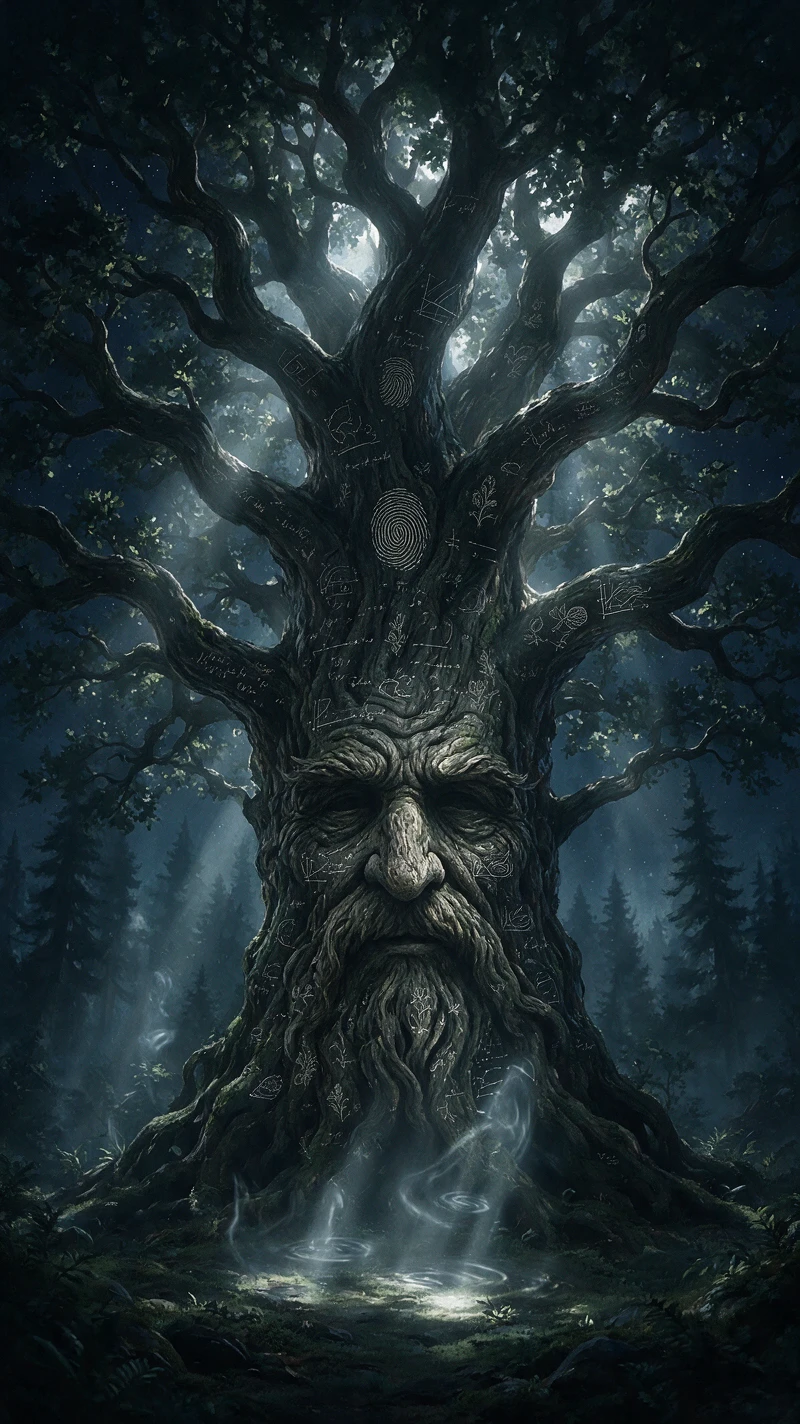 Árvores ancestrais fundindo-se em um misterioso guardião ao luar