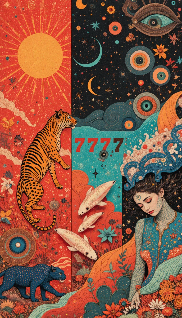 Surreal vertikale Collage mit strahlender Sonne und Tiger