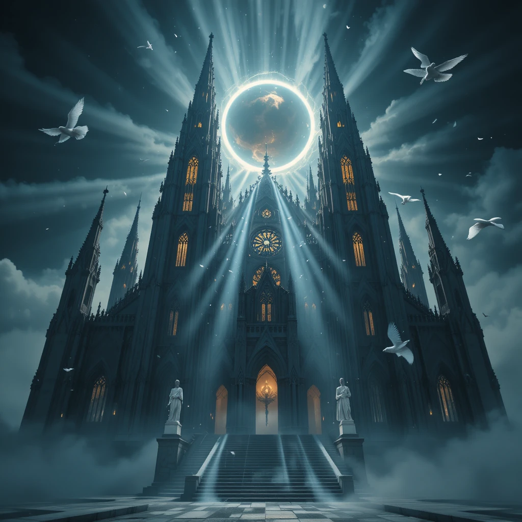 Catedral gótica bajo un eclipse solar total