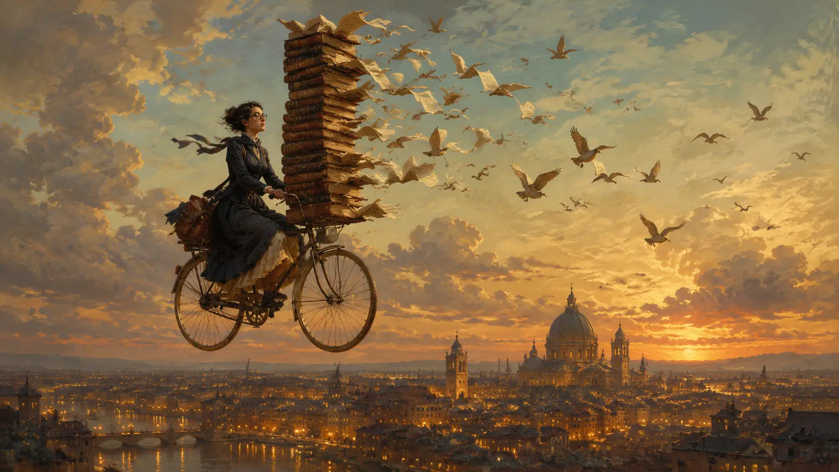 Bibliotecário pedalando por um céu de pôr do sol com livros voadores