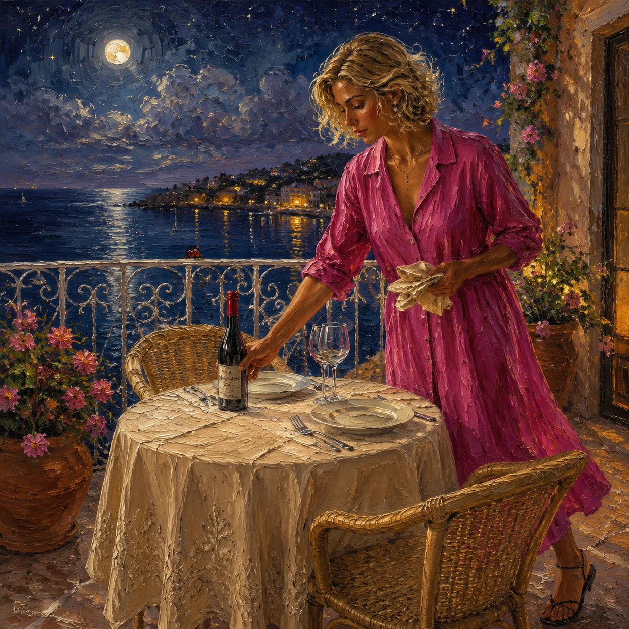 Donna che prepara la tavola per una cena su una terrazza sul tetto al chiaro di luna