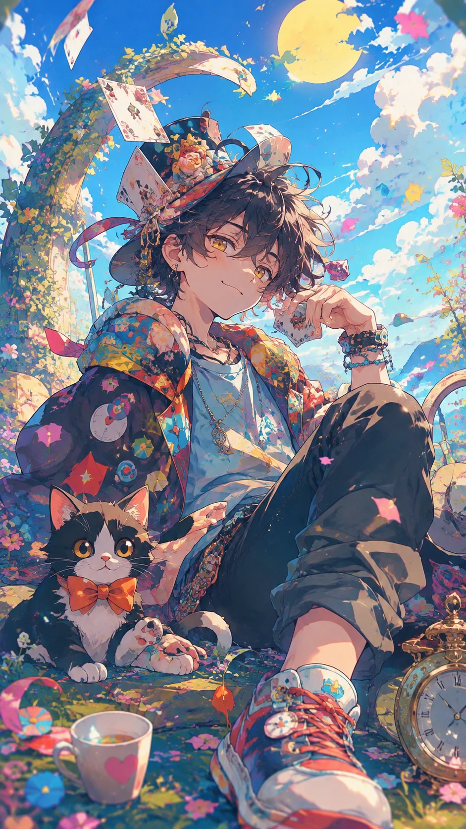 Garota de anime brincalhona em ilustração teatral vibrante em tons pastéis