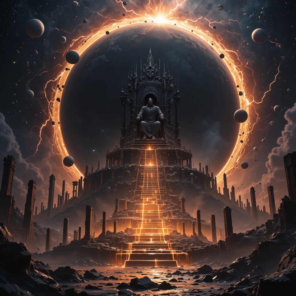 Trône d’obsidienne en lévitation au‑dessus d’un immense soleil noir