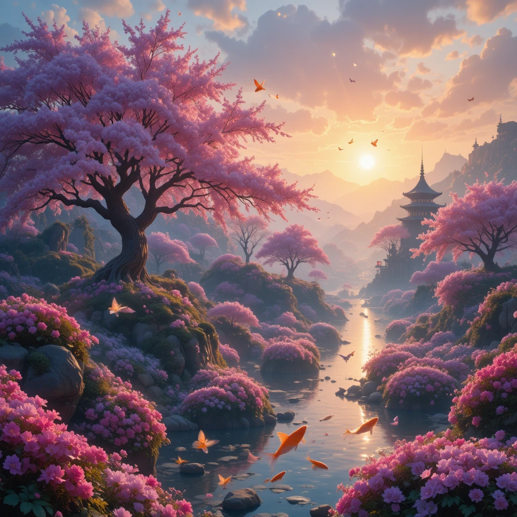 Giardino fantasy magico sotto un cielo infinito di tramonto luminoso
