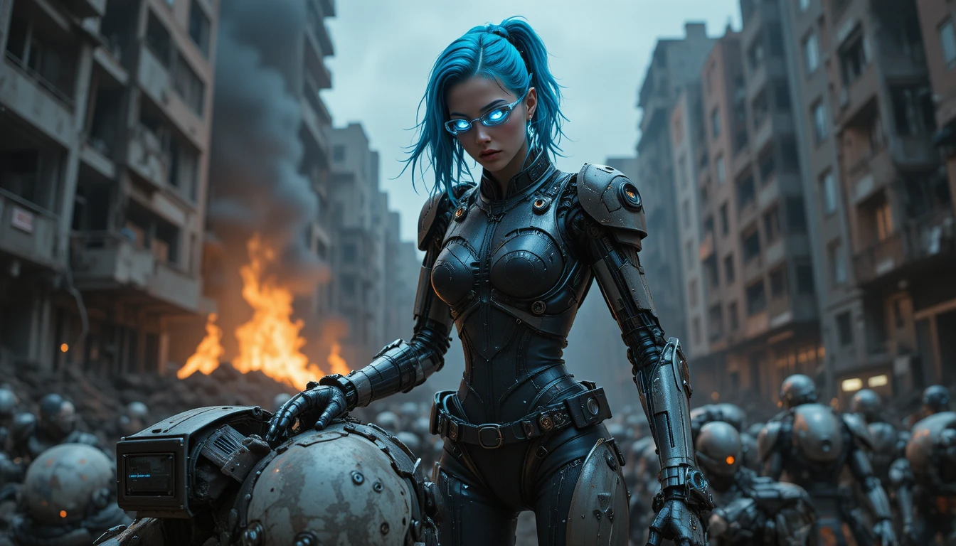Heroína cyberpunk com braço robótico em cidade em chamas