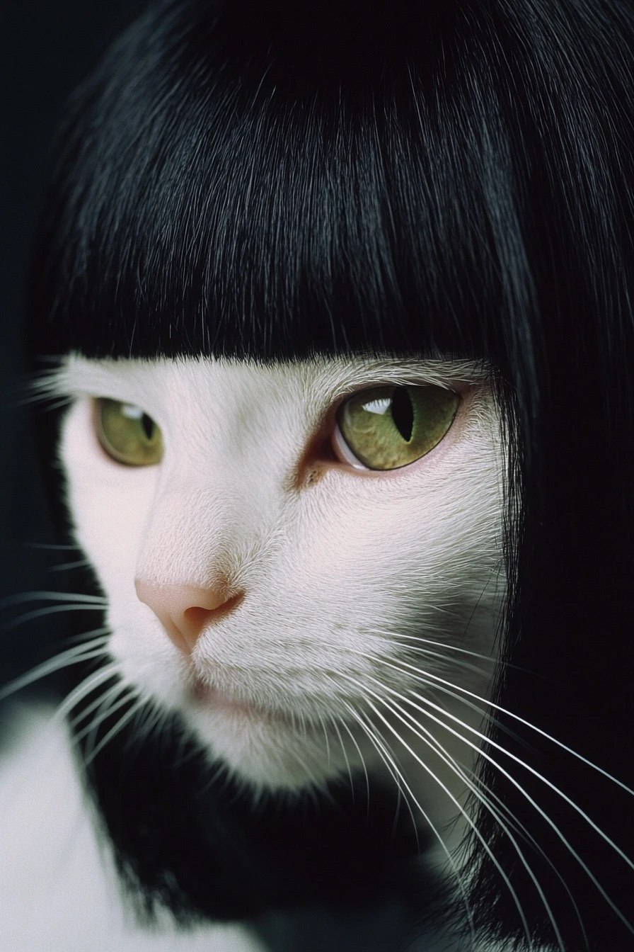 Gato branco com peruca chanel em retrato de estúdio retrô