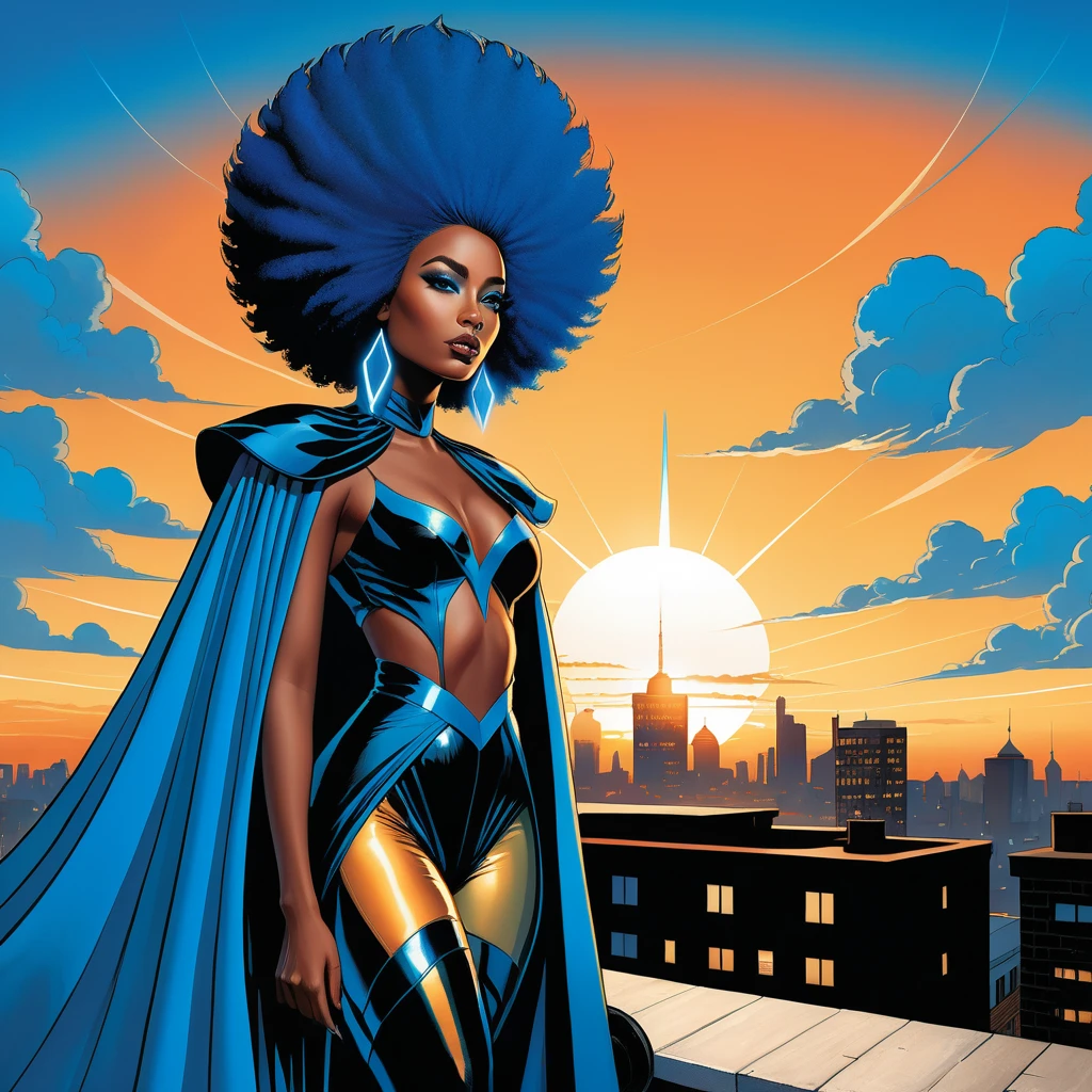 Mulher surreal com afro azul em um terraço ao pôr do sol