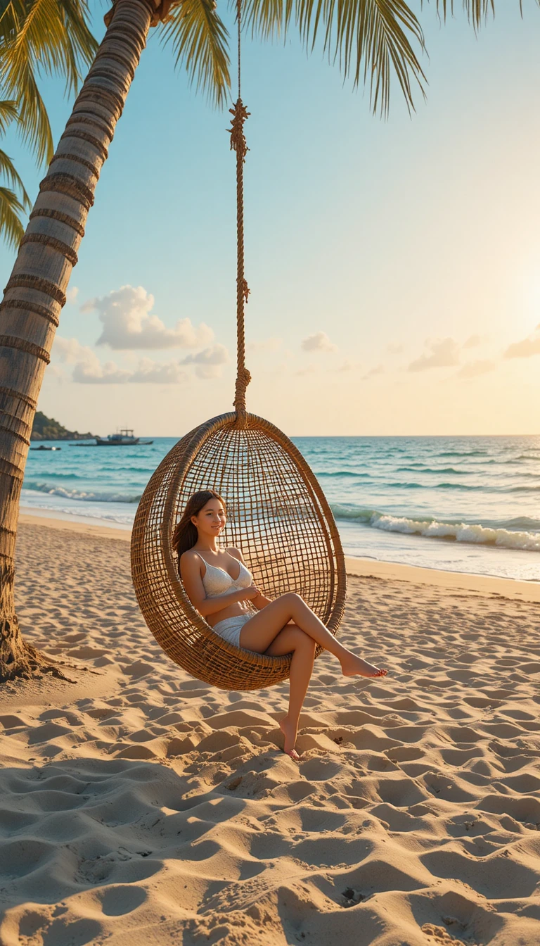 Mulher relaxando em uma cadeira suspensa na praia tropical