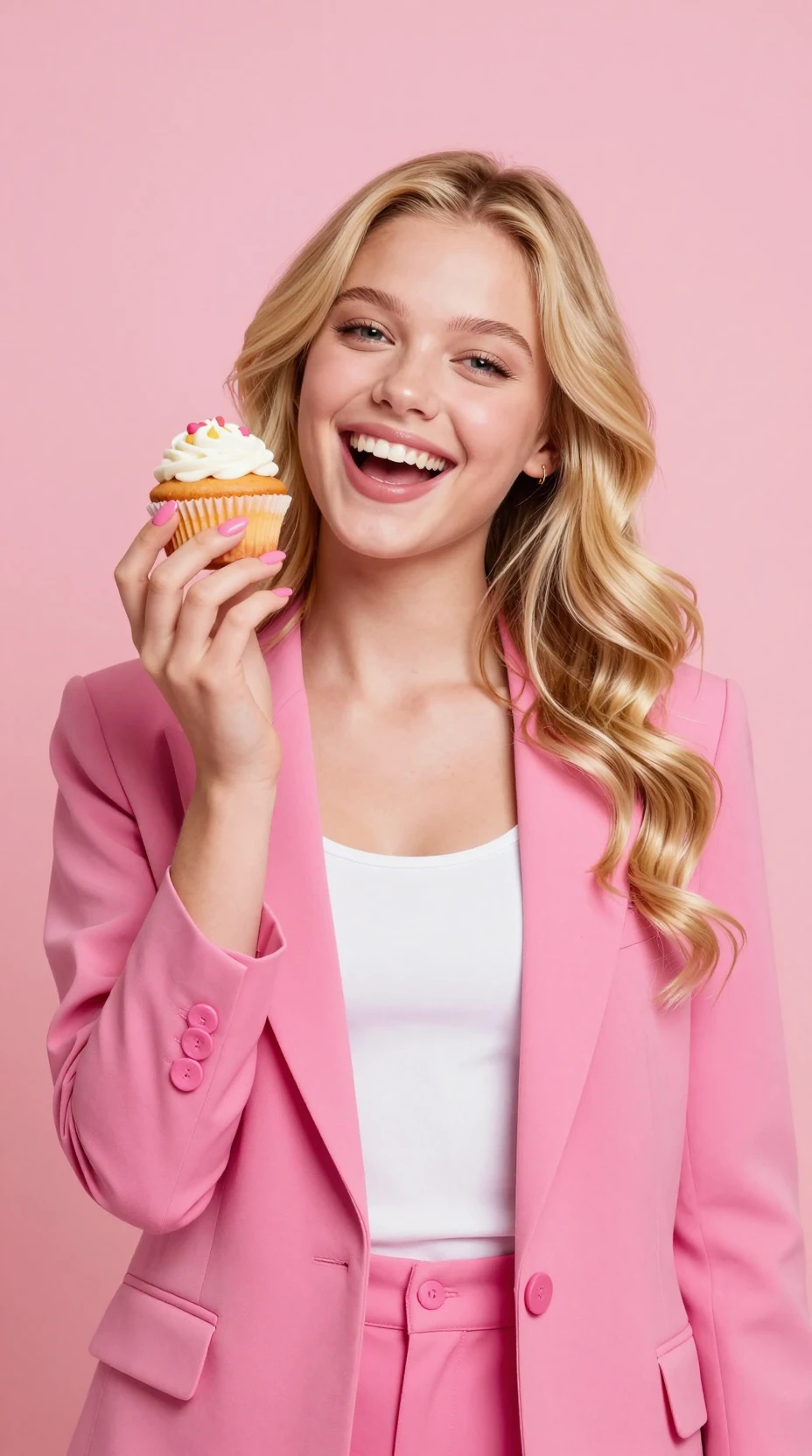 ピンクのスタジオ背景でカップケーキを持つ笑顔のブロンドの女の子