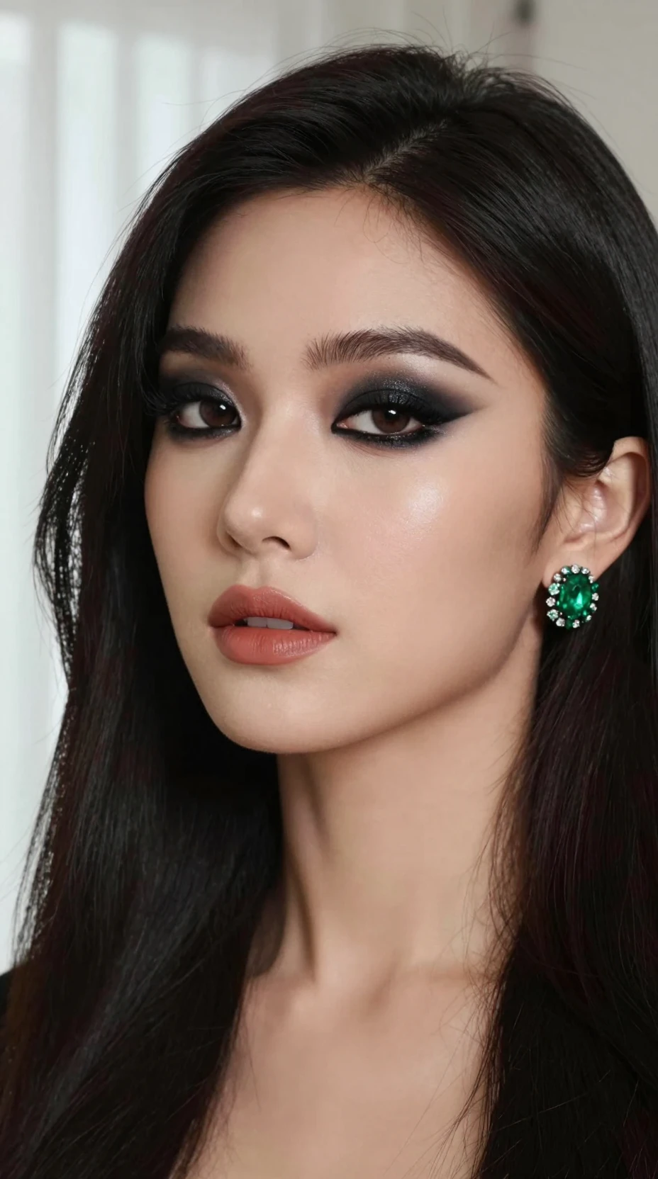 Elegantes Beauty-Porträt einer Frau mit Smaragdohrringen