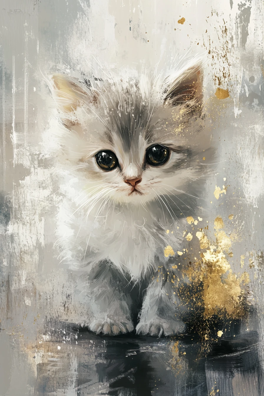 Gatinho cinza fofinho com detalhes dourados em superfície refletiva