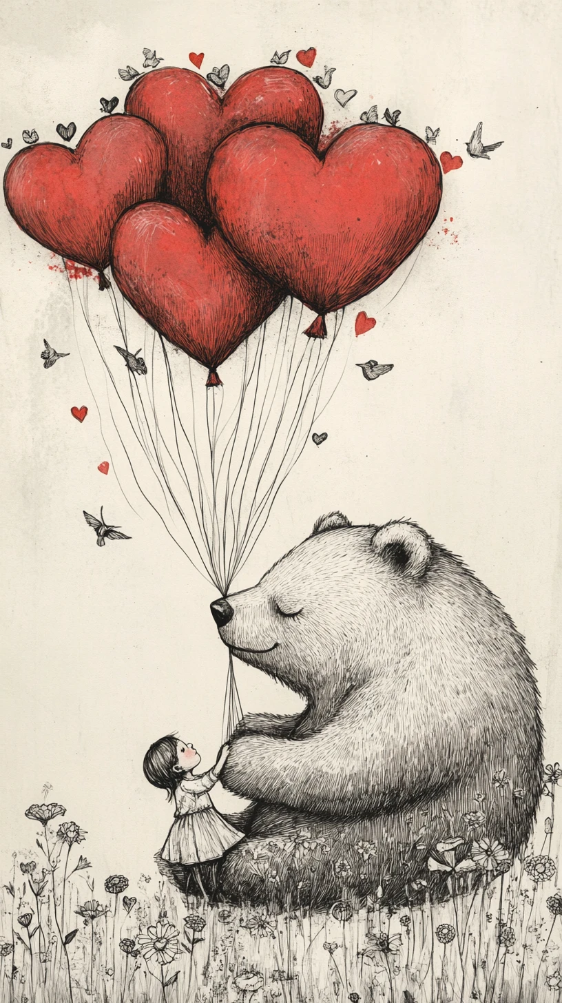Tiny child floating with a giant bear of balloon hearts