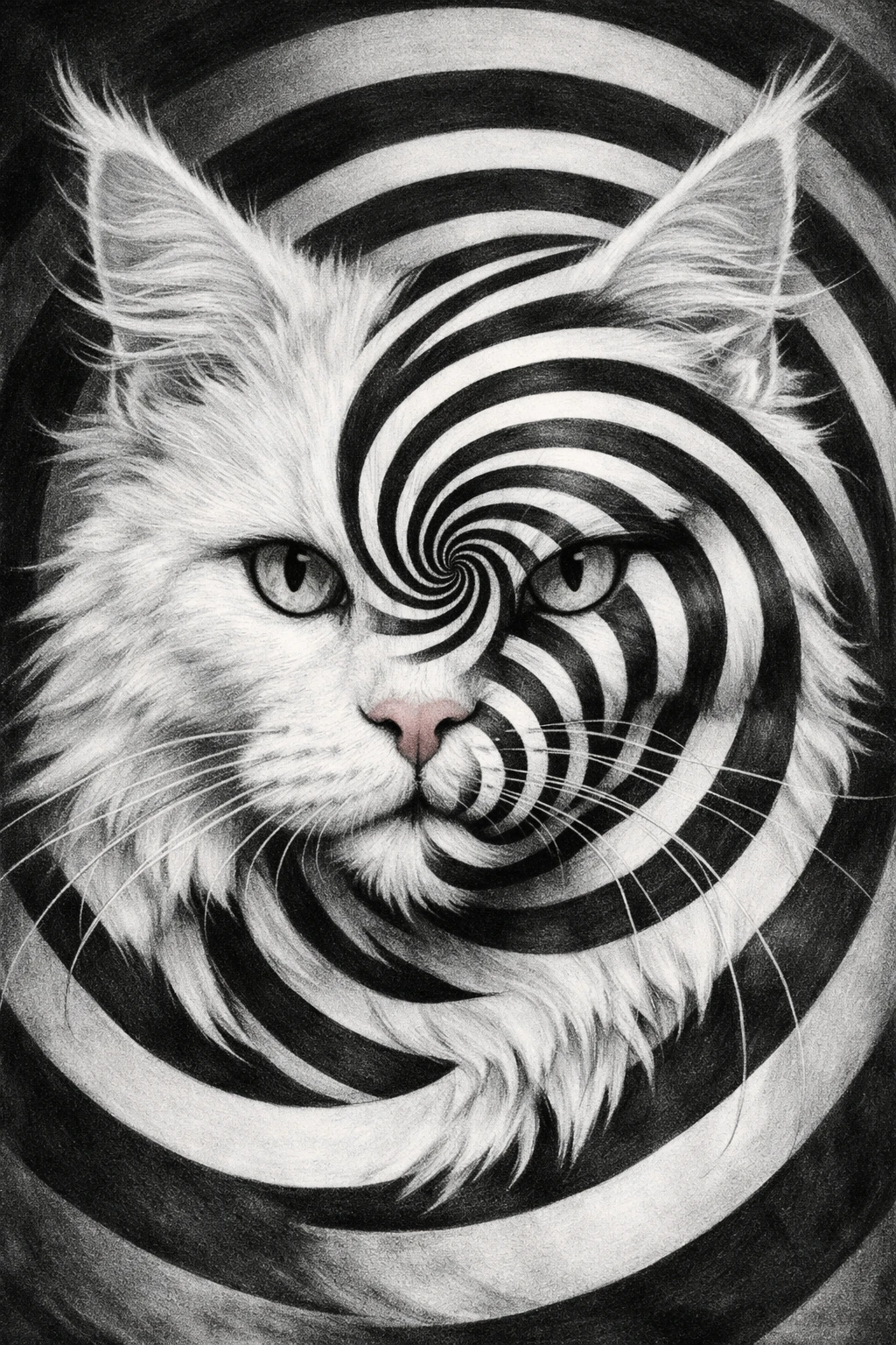 Rosto de gato Maine Coon branco com ilusão de ótica em espiral