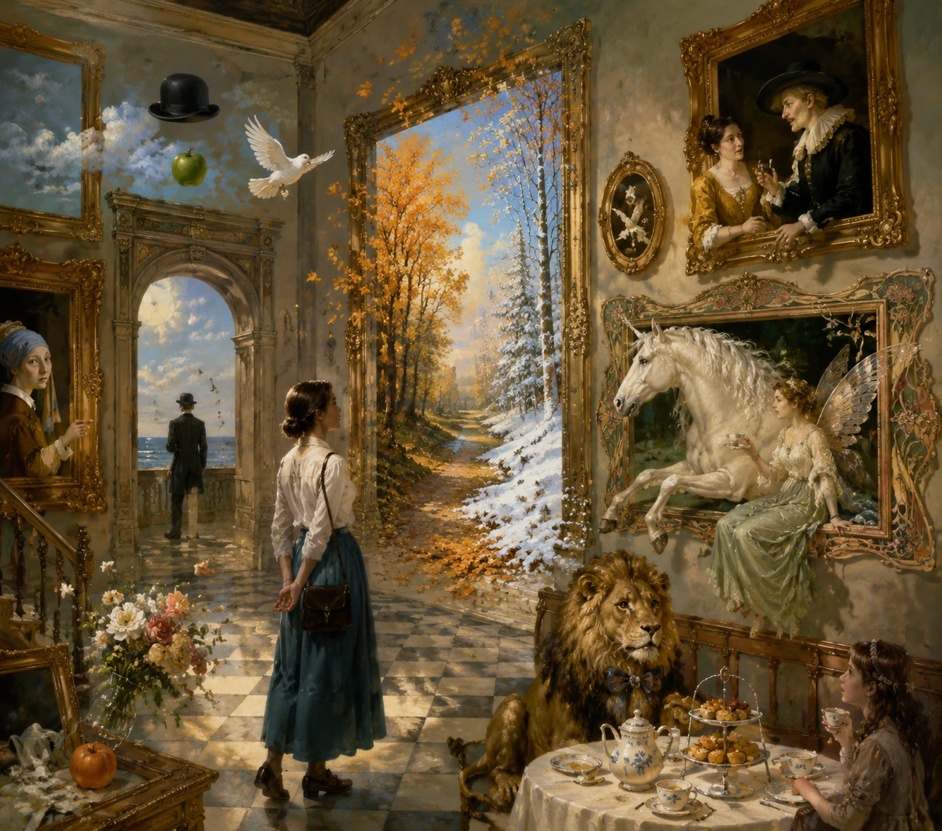 Des visiteurs regardent des tableaux vivants dans une galerie de musée surréaliste
