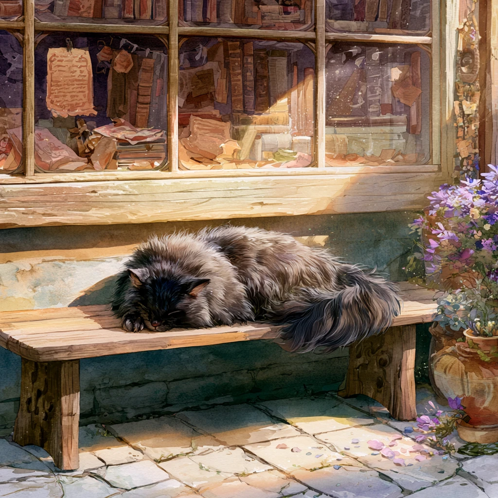Chat noir endormi sur un banc près d’une librairie enchantée