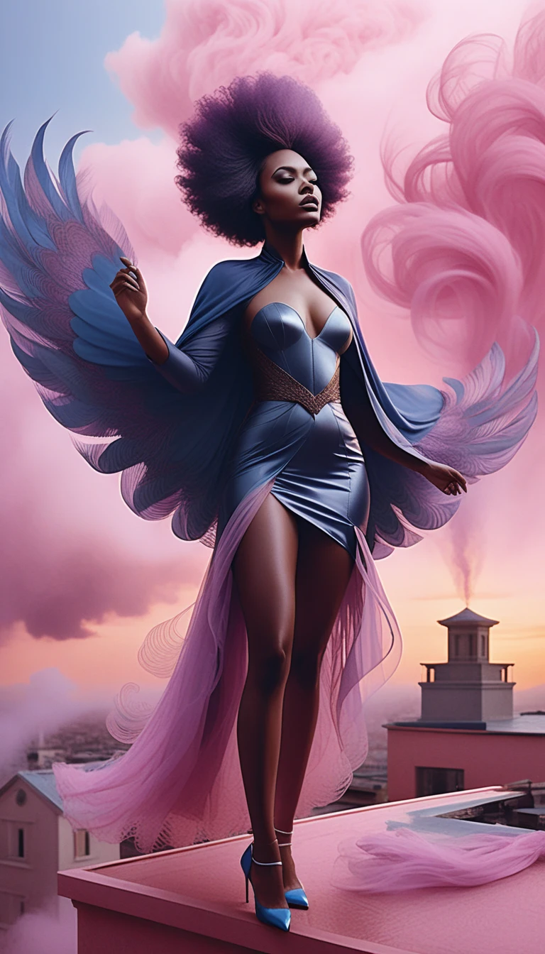Mulher surreal com cabelo afro azul em um terraço ao pôr do sol