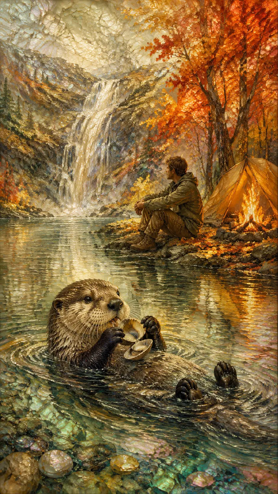 Loutre joueuse cassant des coquillages sur un lac d’automne paisible