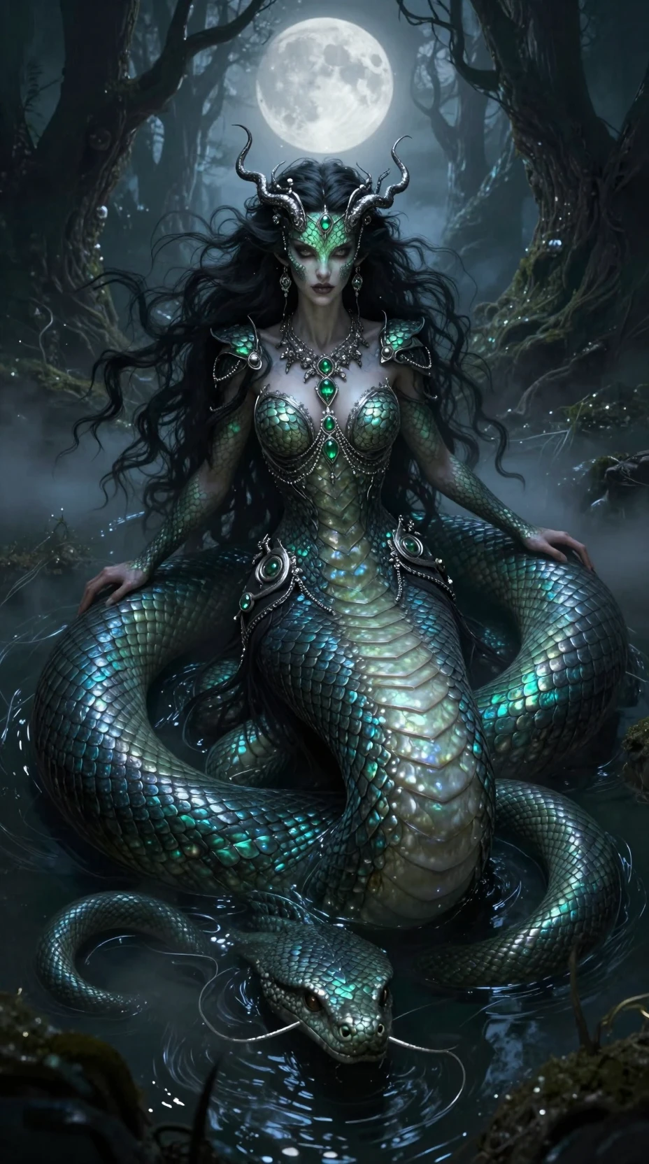 Rainha górgona serpente em um pântano gótico ao luar