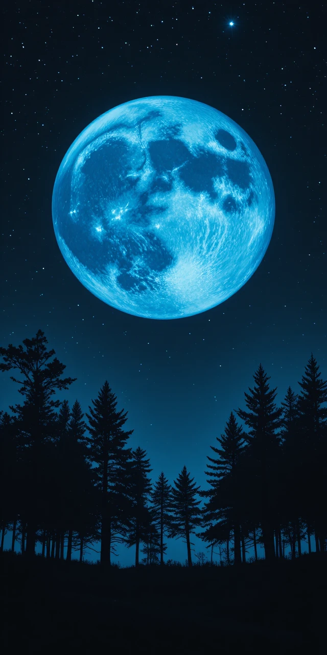 Lune bleue brillant au-dessus d’arbres sombres et d’un ciel nocturne étoilé