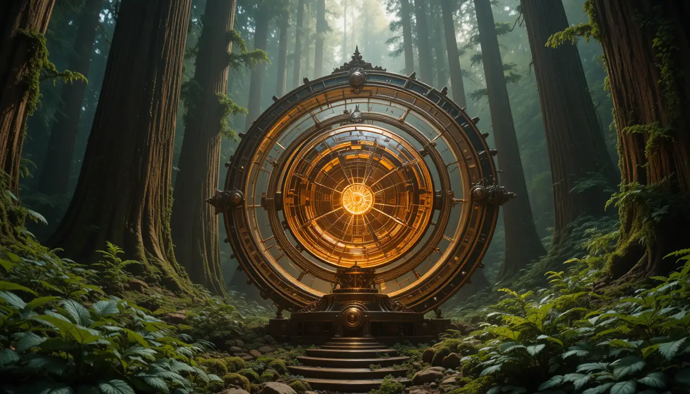 Enorme orrery de latón brillando en un bosque primigenio