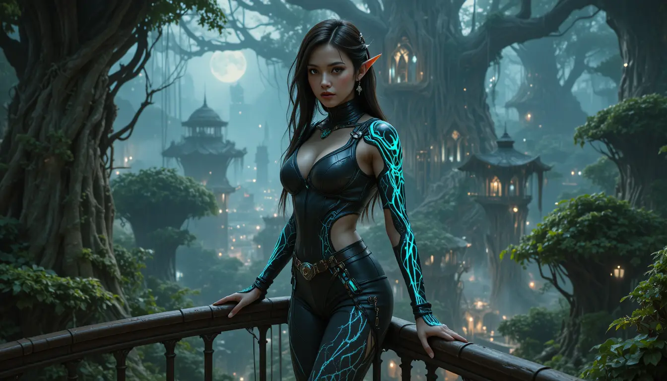 未來感精靈遊俠站在活體樹之城的陽台上