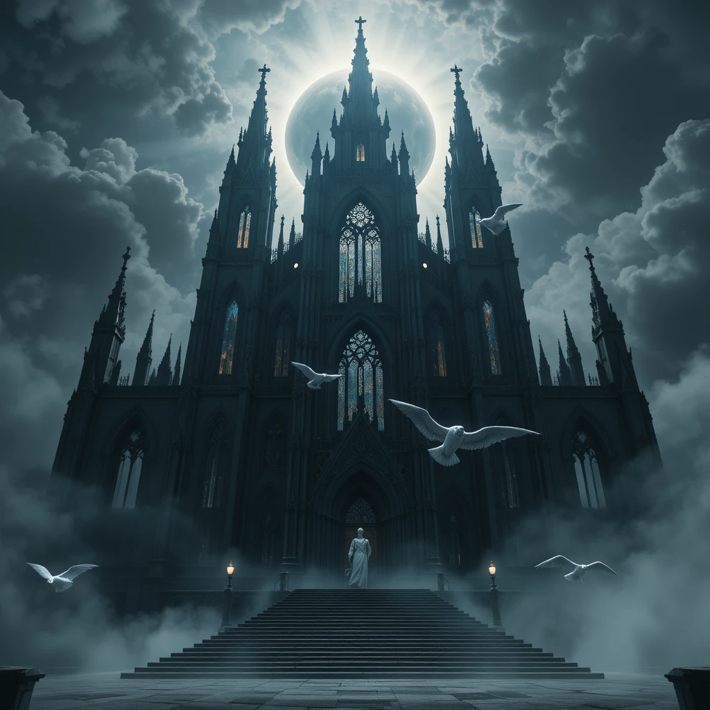 Cattedrale gotica sotto un’eclissi solare totale con angeli
