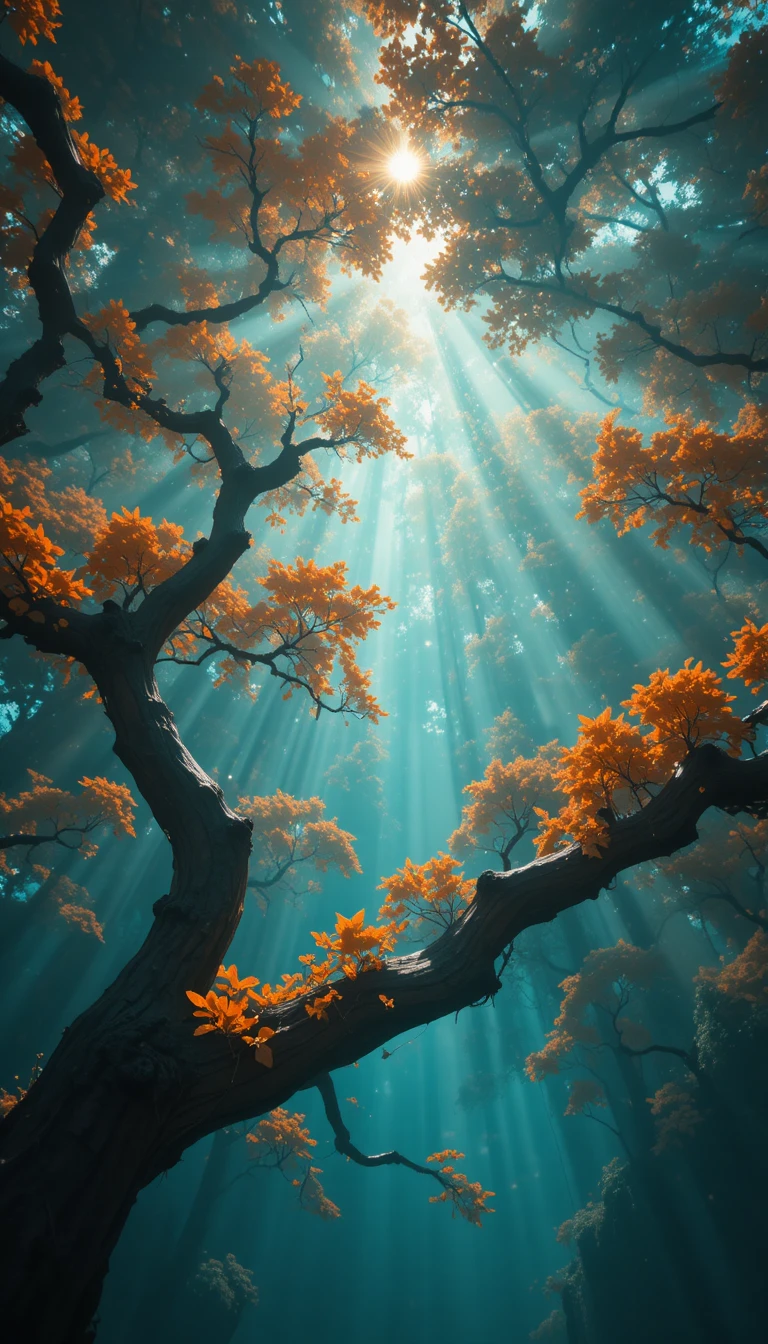 Sonnenbeschienene Blüten unter verdrehten Ästen im Wald