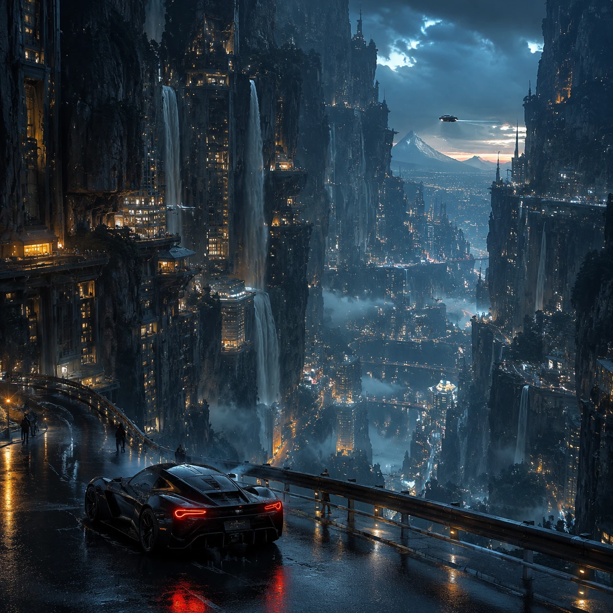 Cidade futurista em cânion com hipercarro na hora azul
