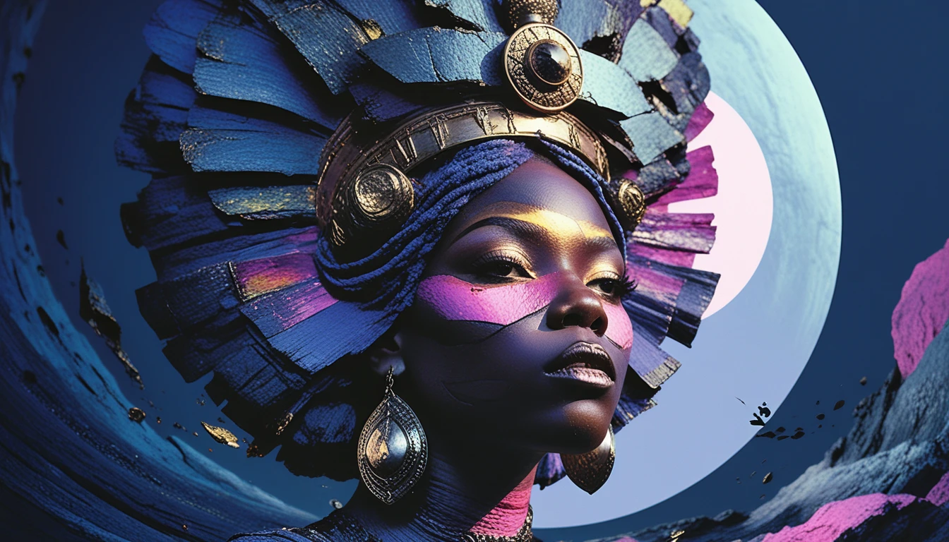 Retrato surreal de um guardião dos sonhos negro entre o passado e o futuro