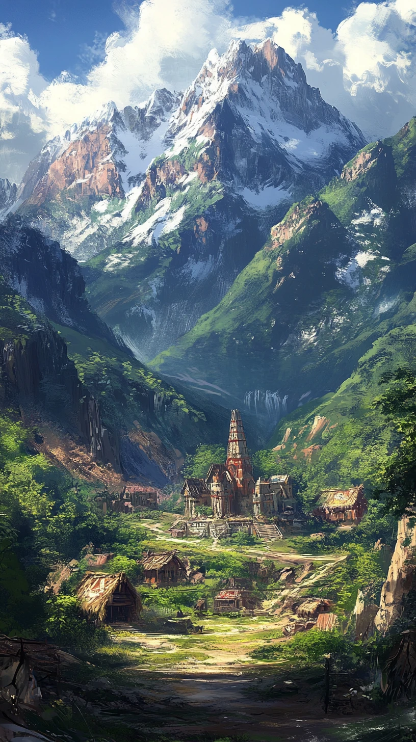 幻想村莊景觀：群山與綠意丘陵