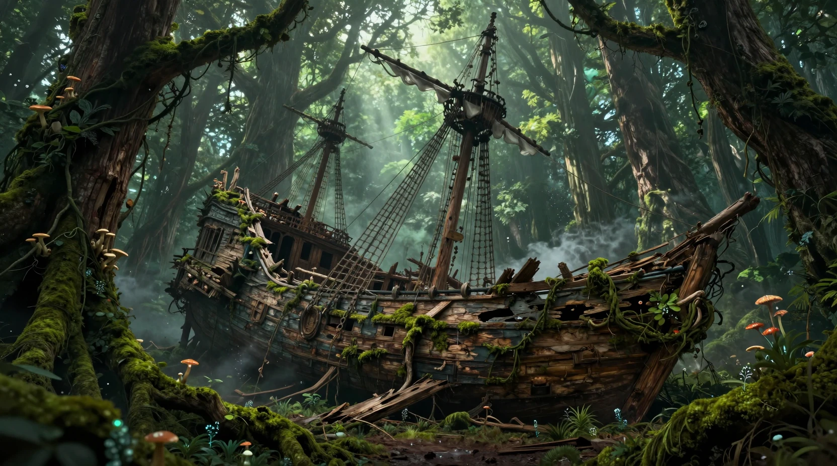Naufrágio de navio pirata antigo consumido por densa floresta primordial