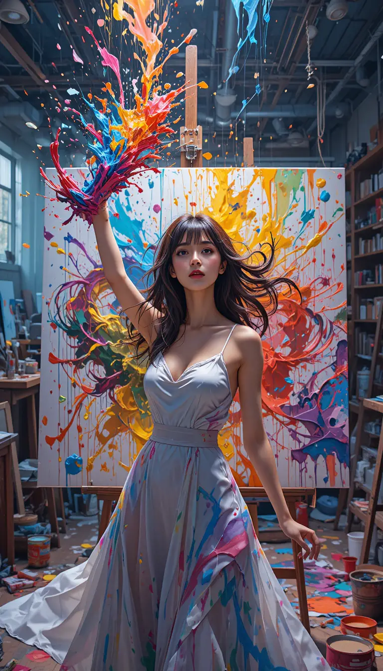 Femme peintre en style anime projetant de la couleur sur une grande toile