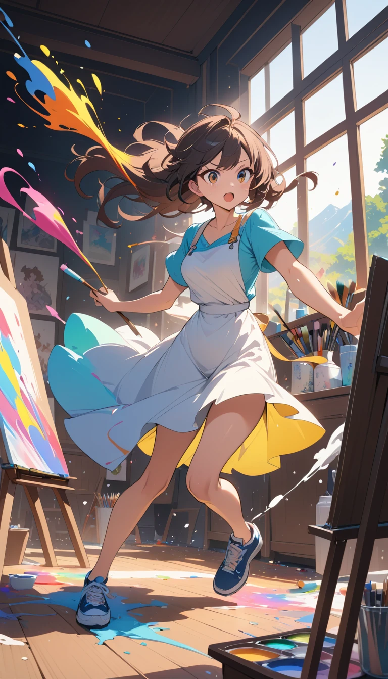 Pintora em estilo anime arremessando tinta colorida sobre uma grande tela
