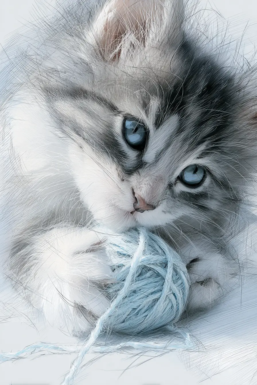 Adorable chaton duveteux aux yeux bleus jouant avec une pelote de laine