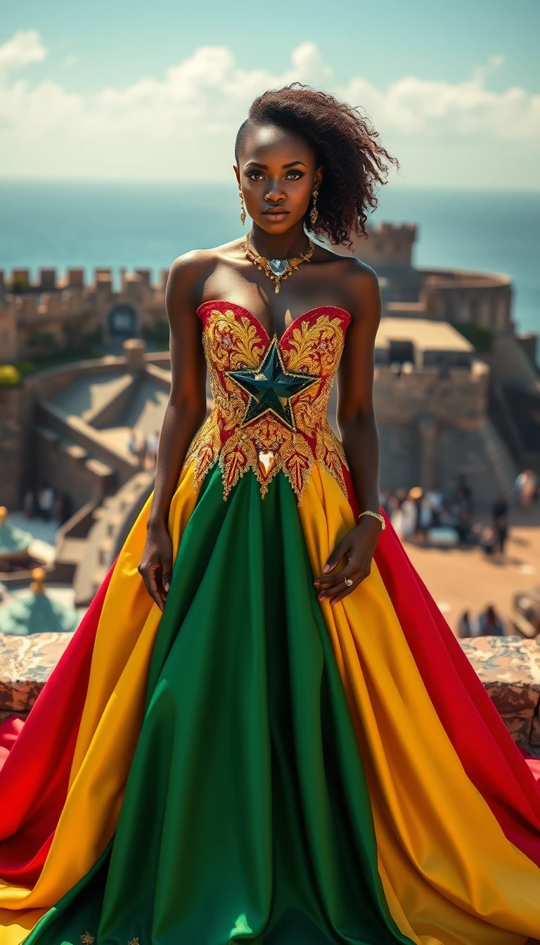 Femme ghanéenne en robe inspirée du drapeau sur la côte atlantique