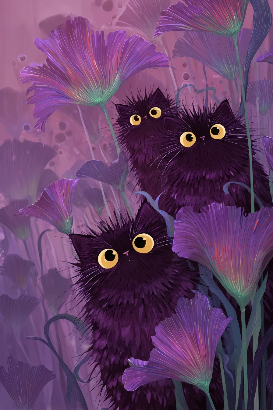 Verspielte lilafarbene Katzen zwischen irisierenden Fantasieblumen
