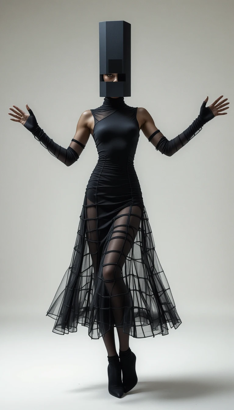 Mulher de moda vanguarda em look escultural preto