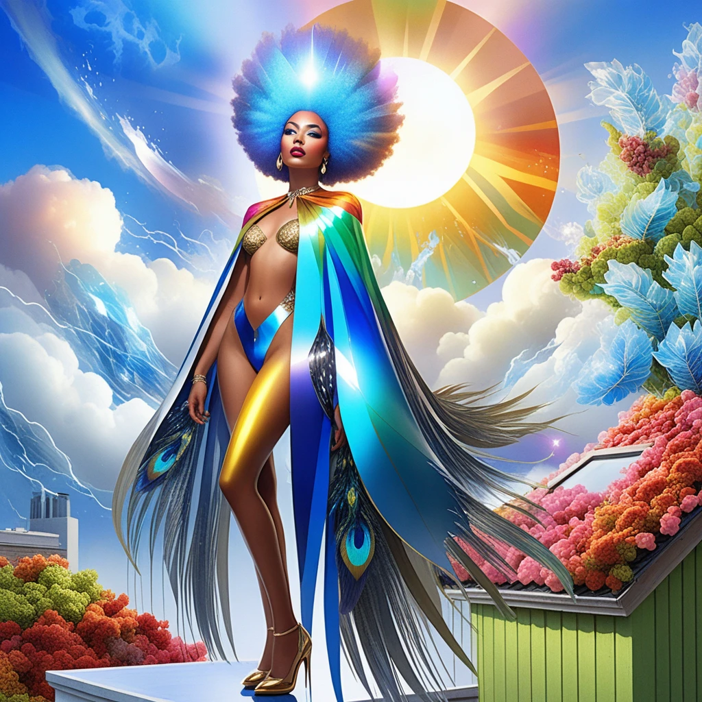 Mulher surreal com afro azul em rooftop da cidade ao pôr do sol