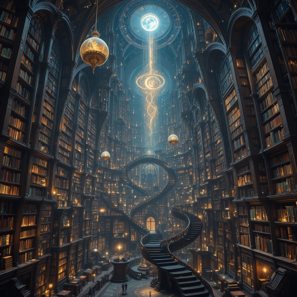 Biblioteca Cósmica Infinita com Livros Flutuantes e Galáxias