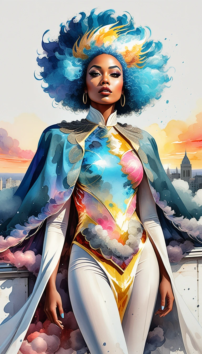 Mulher surreal com afro azul em um telhado ao pôr do sol