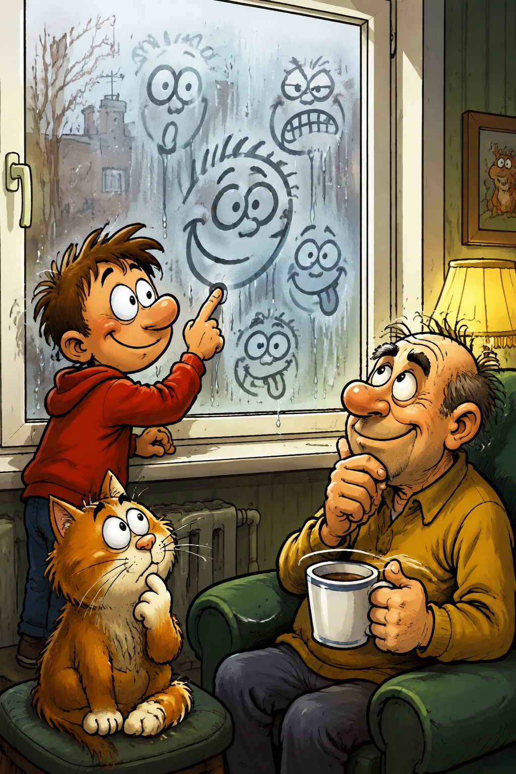 Verspielte Comic-Illustration mit lustigen Gesichtern auf einem Fenster