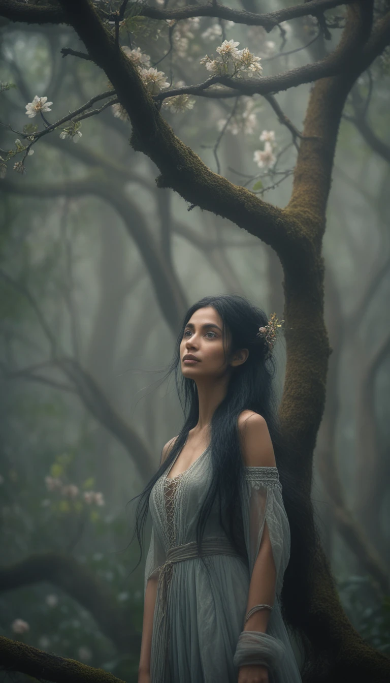 Mystische Frau auf einem verdrehten Baum im nebligen Wald