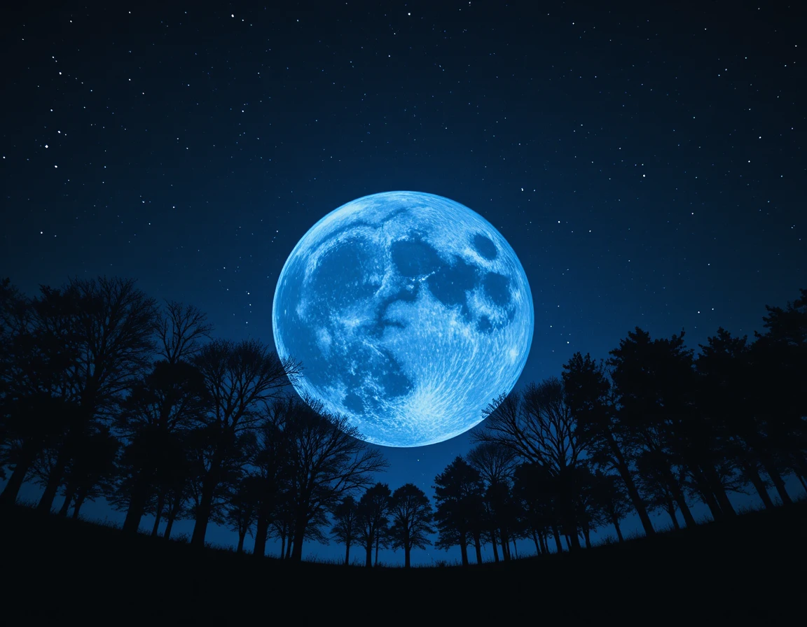 Dunkelblaue Mondlandschaft über silhouettierten Bäumen und Sternenhimmel