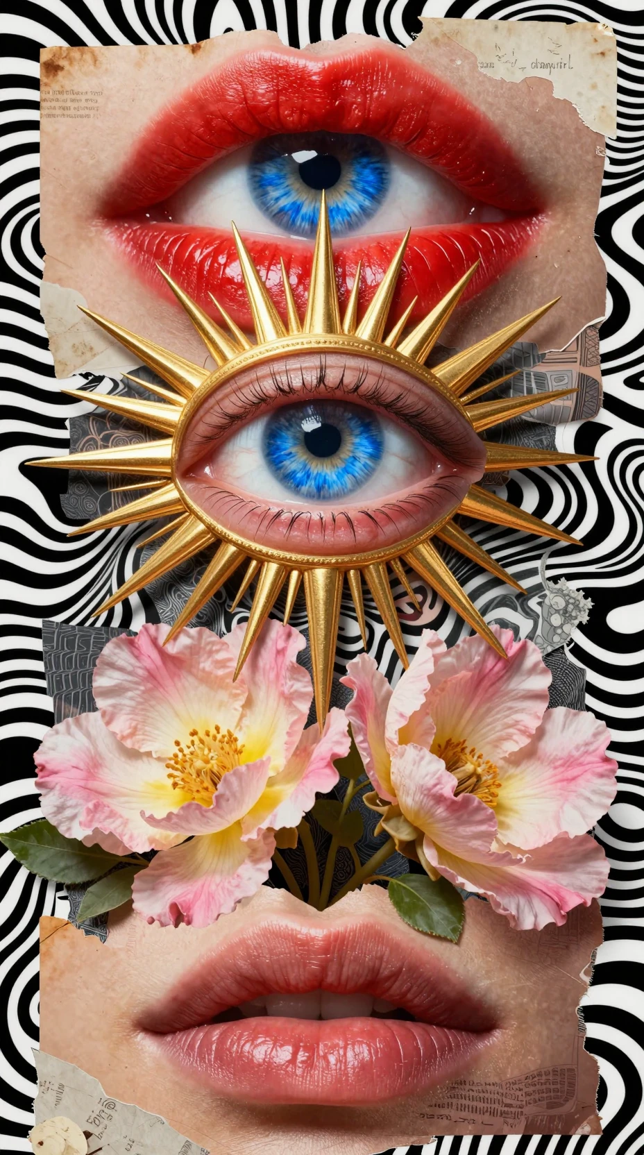 Colagem surreal de olhos, lábios e flores sobre fundo ondulado