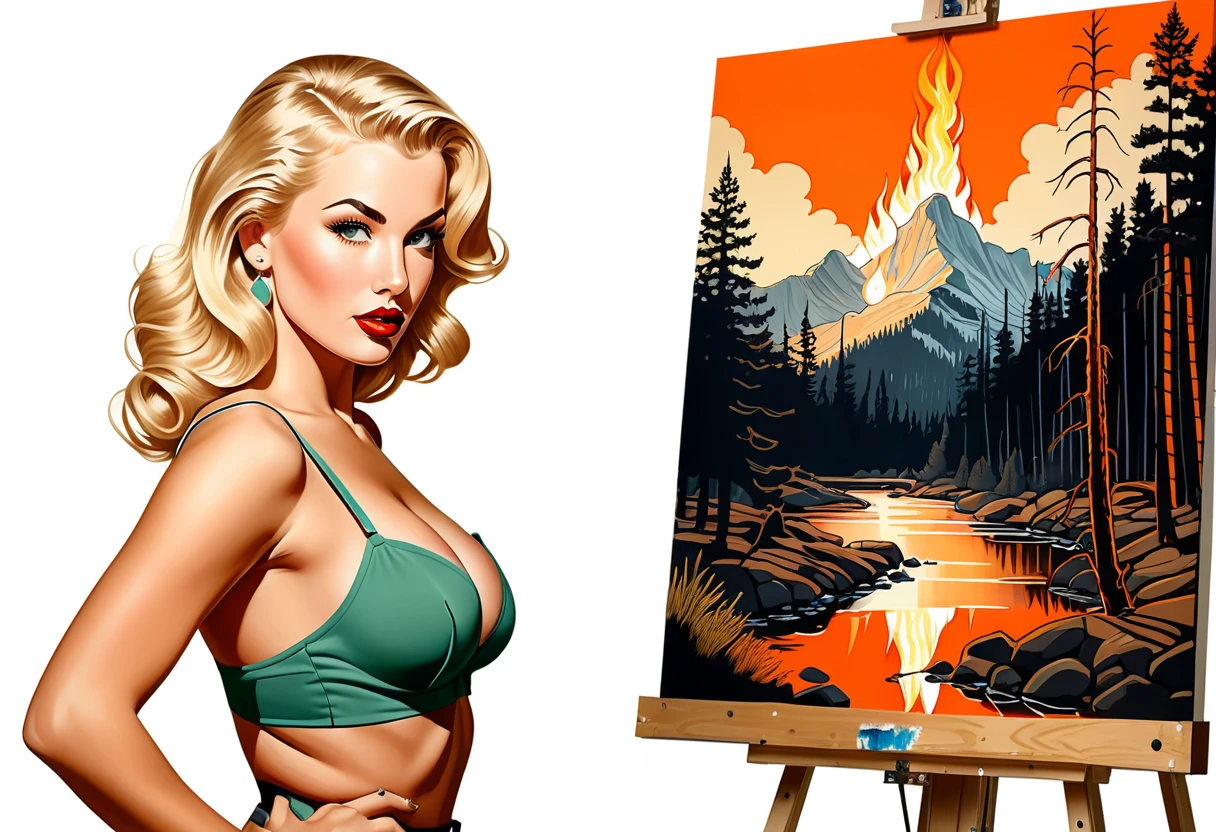 Blonde pin up artist painting a dramatic forest fire