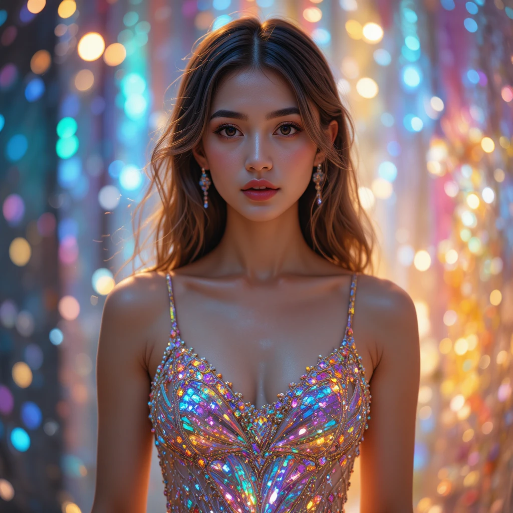 Close-up de mulher em vestido de cristal arco-íris cintilante
