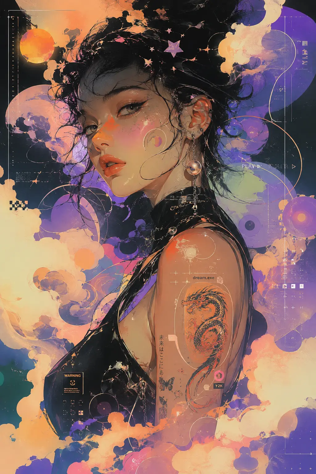抽象虛空中的超現實霓虹女子肖像